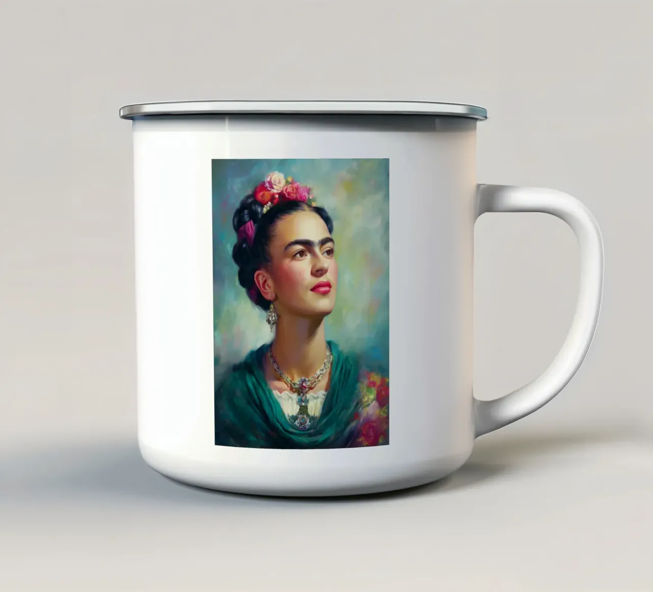 Ritratto floreale di Frida Kahlo tazza in smalto da Carinaprint