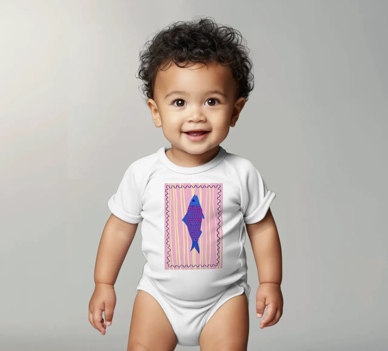 Bunter Fisch – Pop Art Illustration in Blau und Pink body neonato maniche corte da fraeuleinvonfuchs