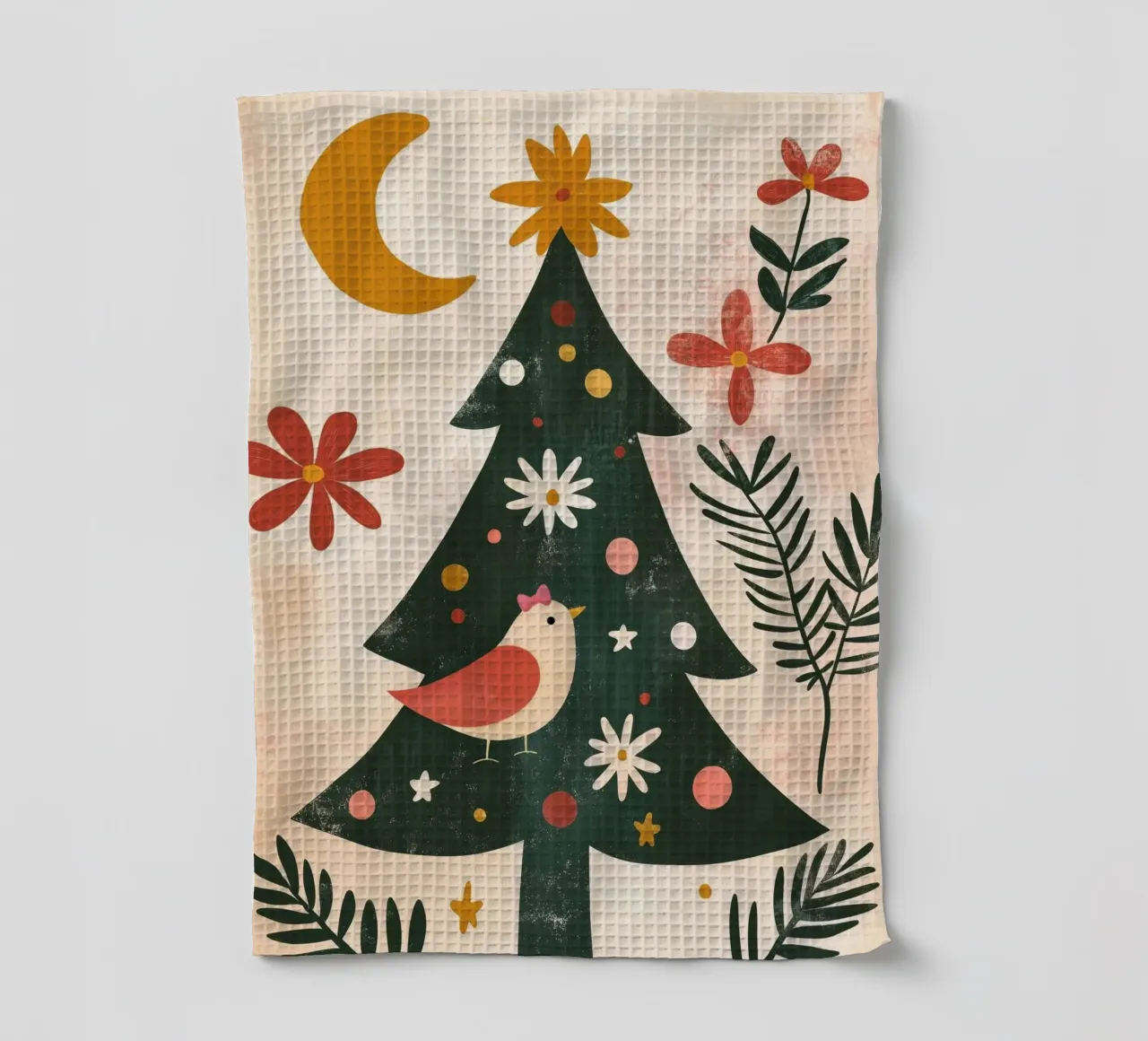 Arbre de Noël Boho avec oiseau mignon, étoiles de lune Art fantaisiste torchon de Gentle Echoes Art