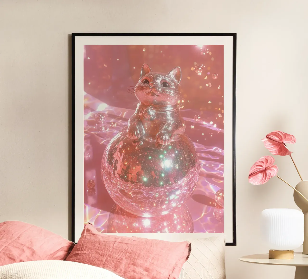 Gatto della fortuna rosa con palla da discoteca: Giapponese Kawaii Preppy poster con telaio in alluminio da Gentle Echoes Art