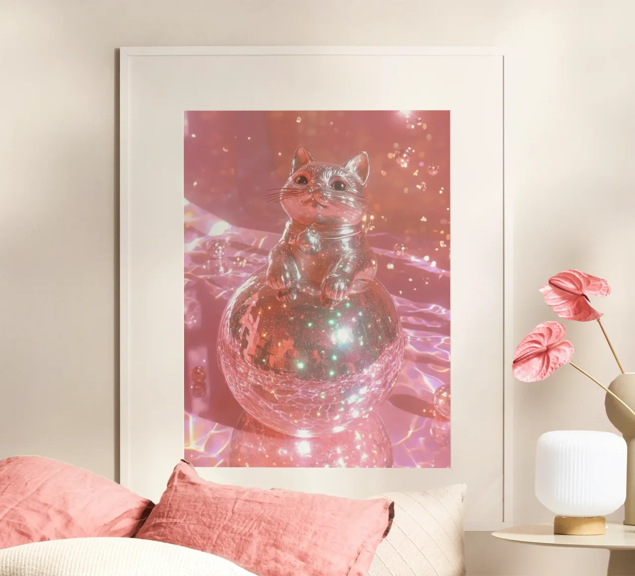 Gatto della fortuna rosa con palla da discoteca: Giapponese Kawaii Preppy poster con telaio in alluminio da Gentle Echoes Art