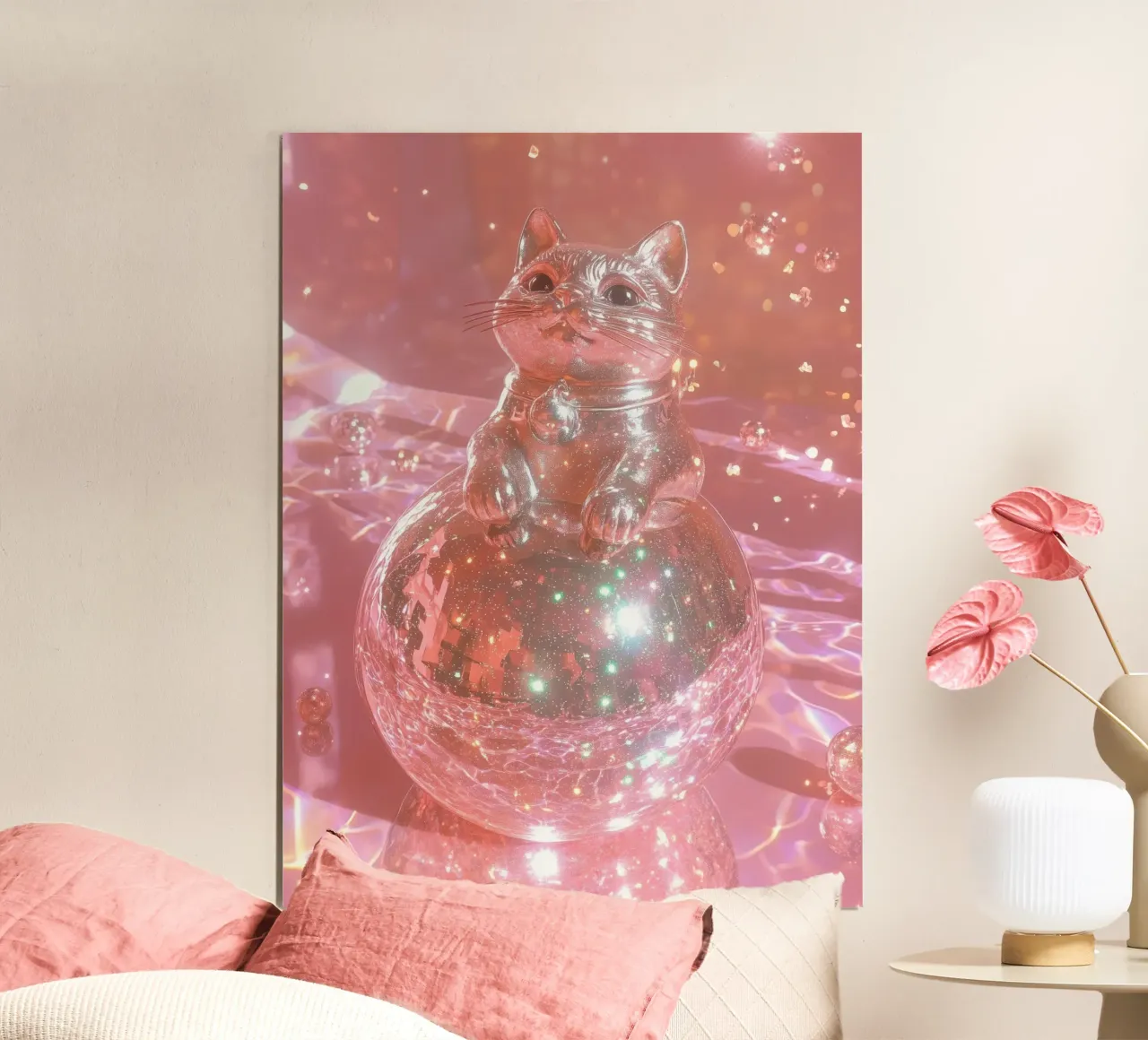 Gatto della fortuna rosa con palla da discoteca: Giapponese Kawaii Preppy poster con telaio in alluminio da Gentle Echoes Art