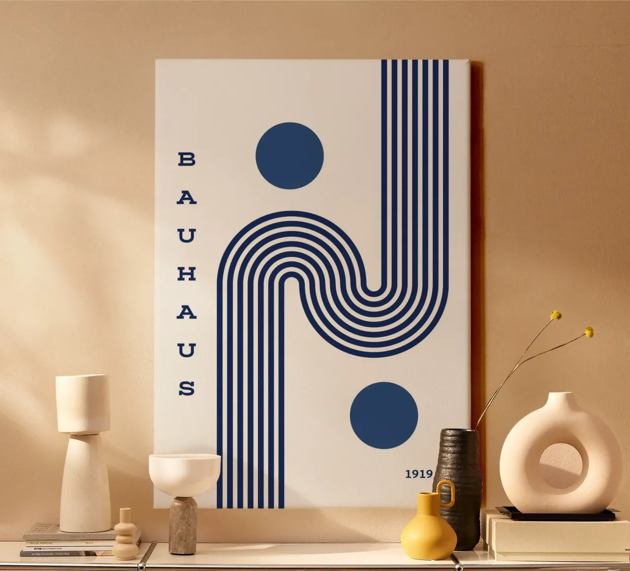 Bauhaus 1919 S-Kurve Kunst | Minimalistisch Blau Parallele Linie Pri Leinwand von Grungeo