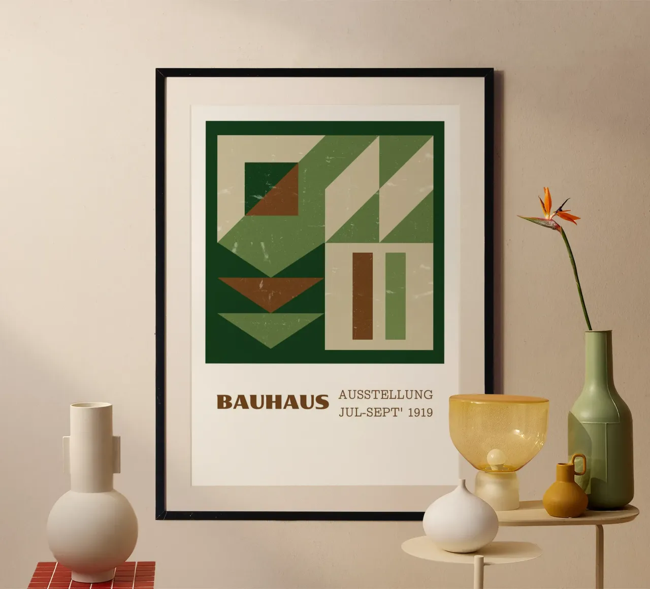 Bauhaus getextureerde abstracte terracotta saliegroen 1919 print hahnemühle van Grungeo