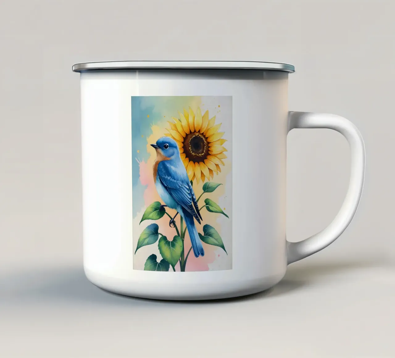 Pittura digitale di uccello azzurro e girasole tazza in smalto da Bloom And Brush
