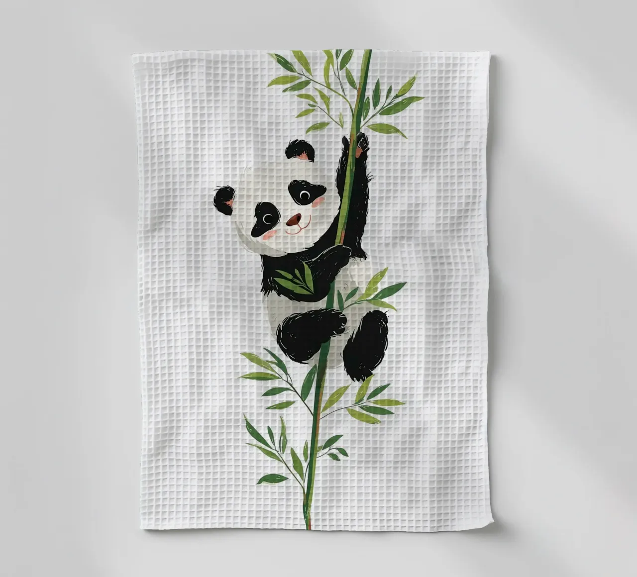 Illustration d'un panda mignon grimpant sur un bambou torchon de ShopByHaru