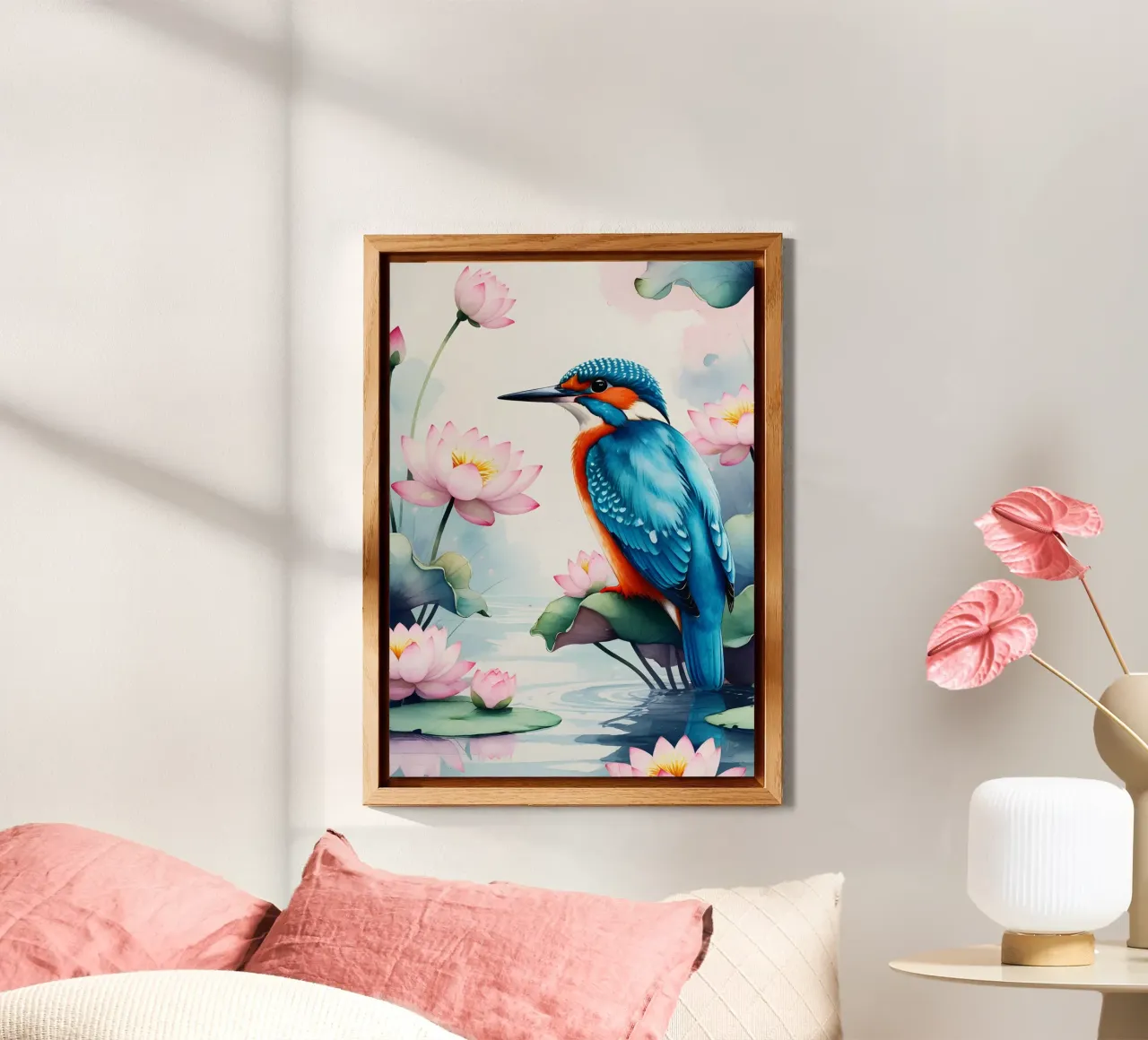 Pittura digitale di un martin pescatore e di un loto alluminio dibond da Bloom And Brush