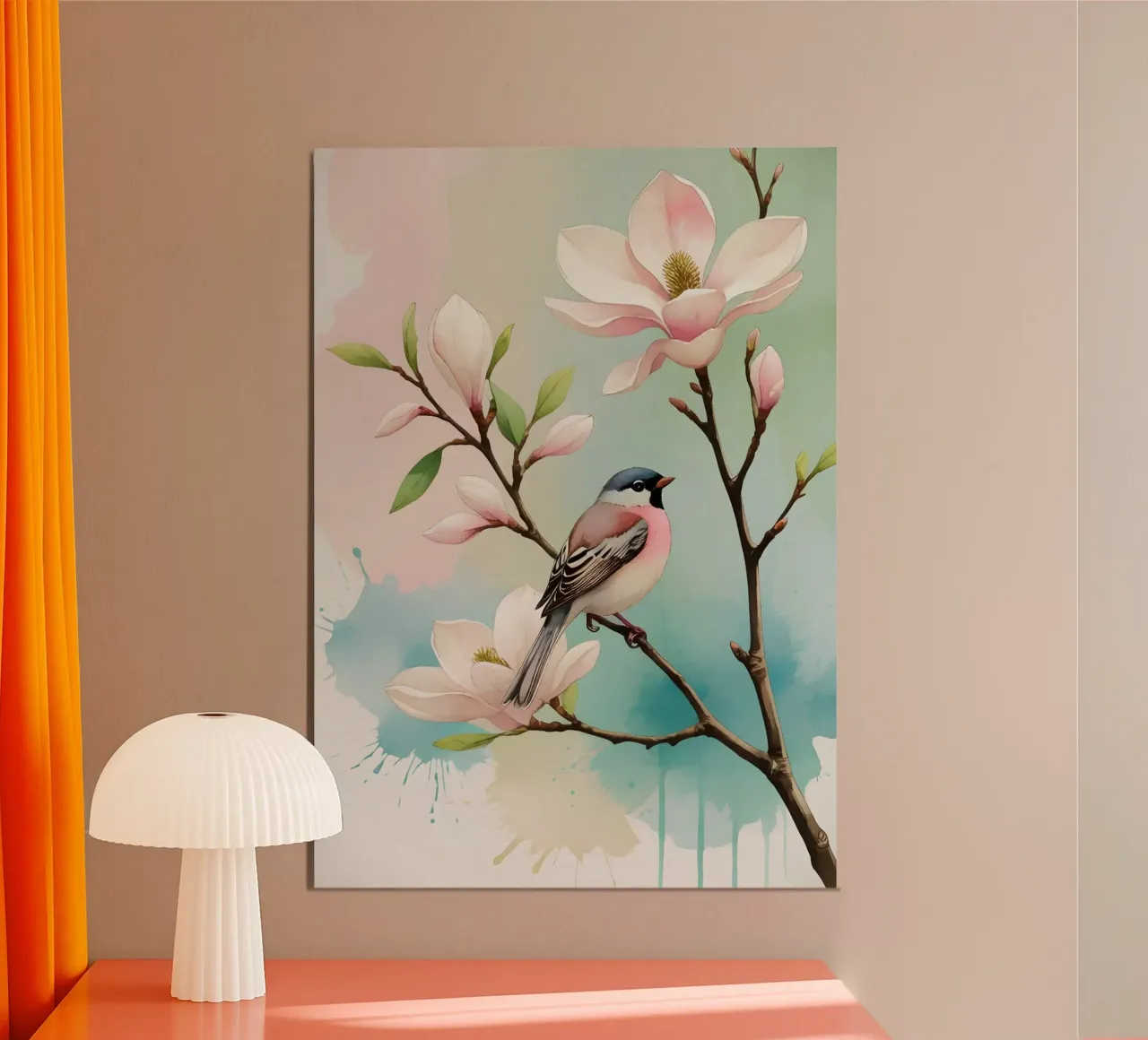 Pittura digitale di Fringuello e Magnolia alluminio dibond da Bloom And Brush