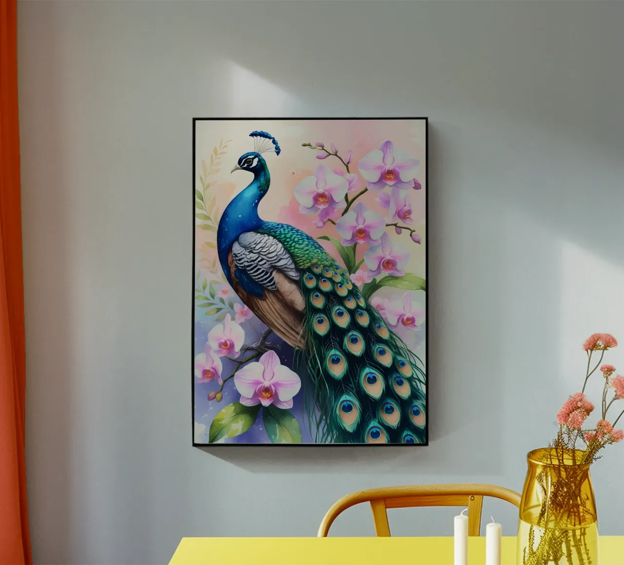 Pittura digitale di pavone e orchidee plexiglass da Bloom And Brush
