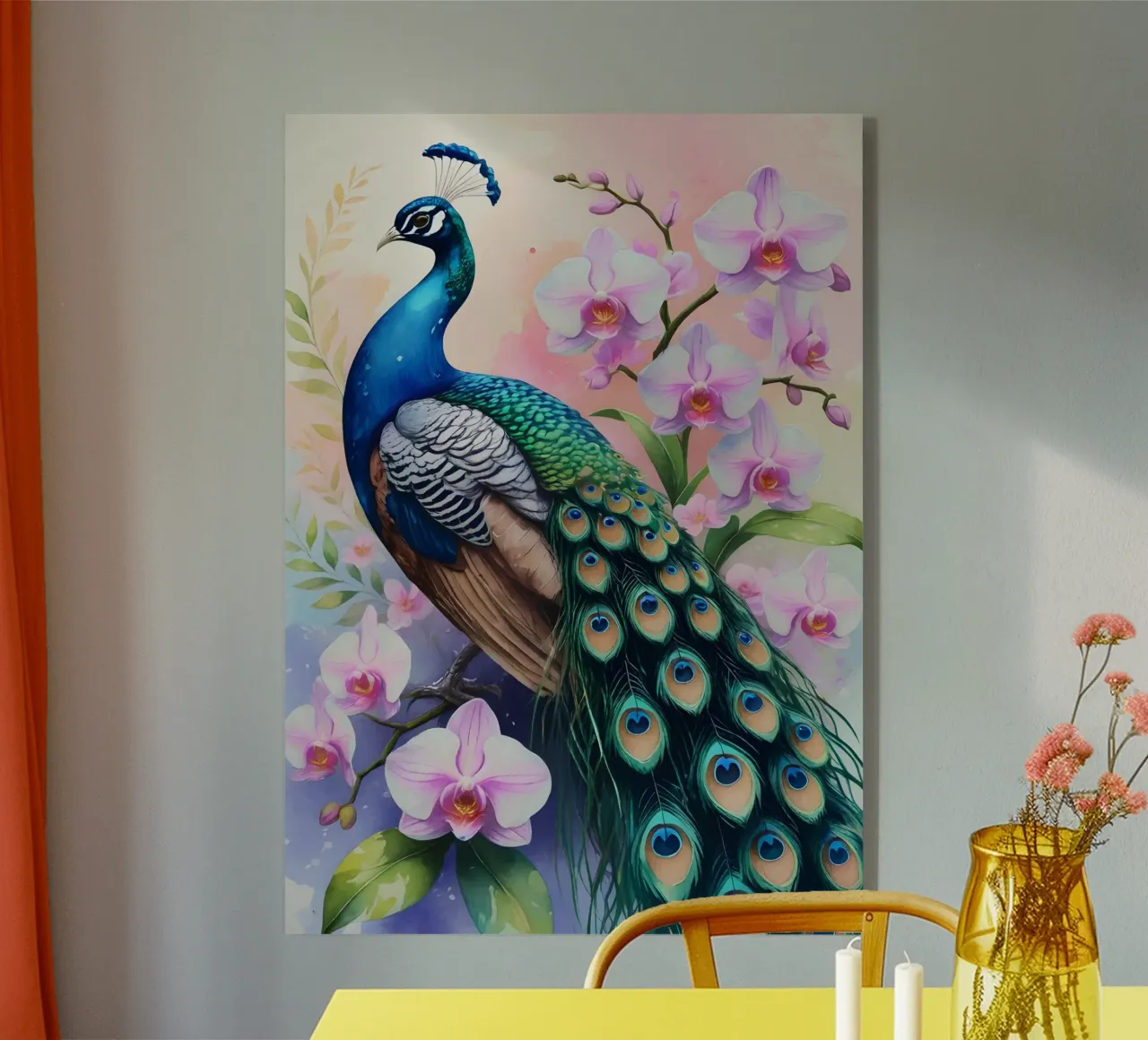 Pittura digitale di pavone e orchidee plexiglass da Bloom And Brush