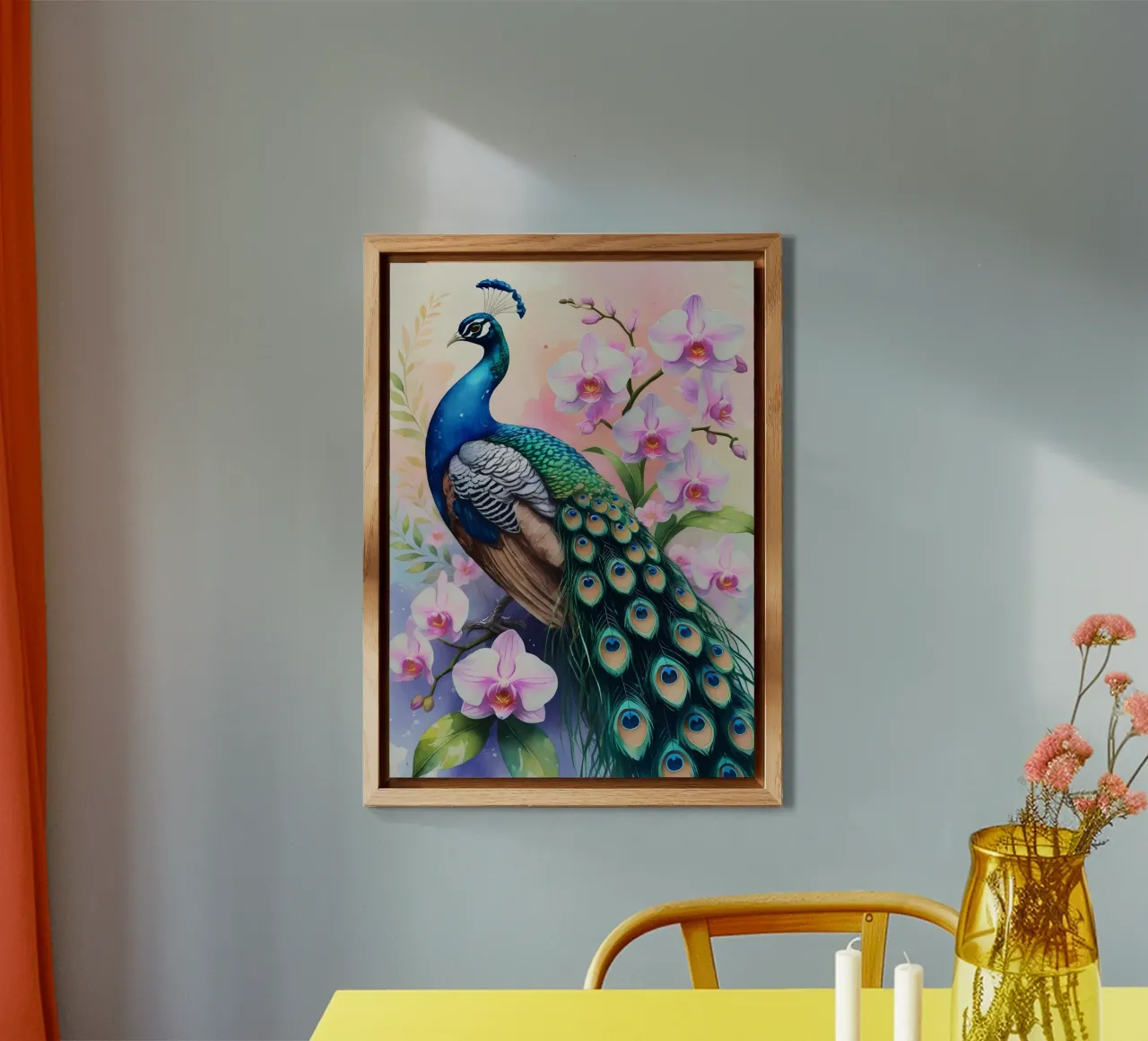Pittura digitale di pavone e orchidee alluminio dibond da Bloom And Brush
