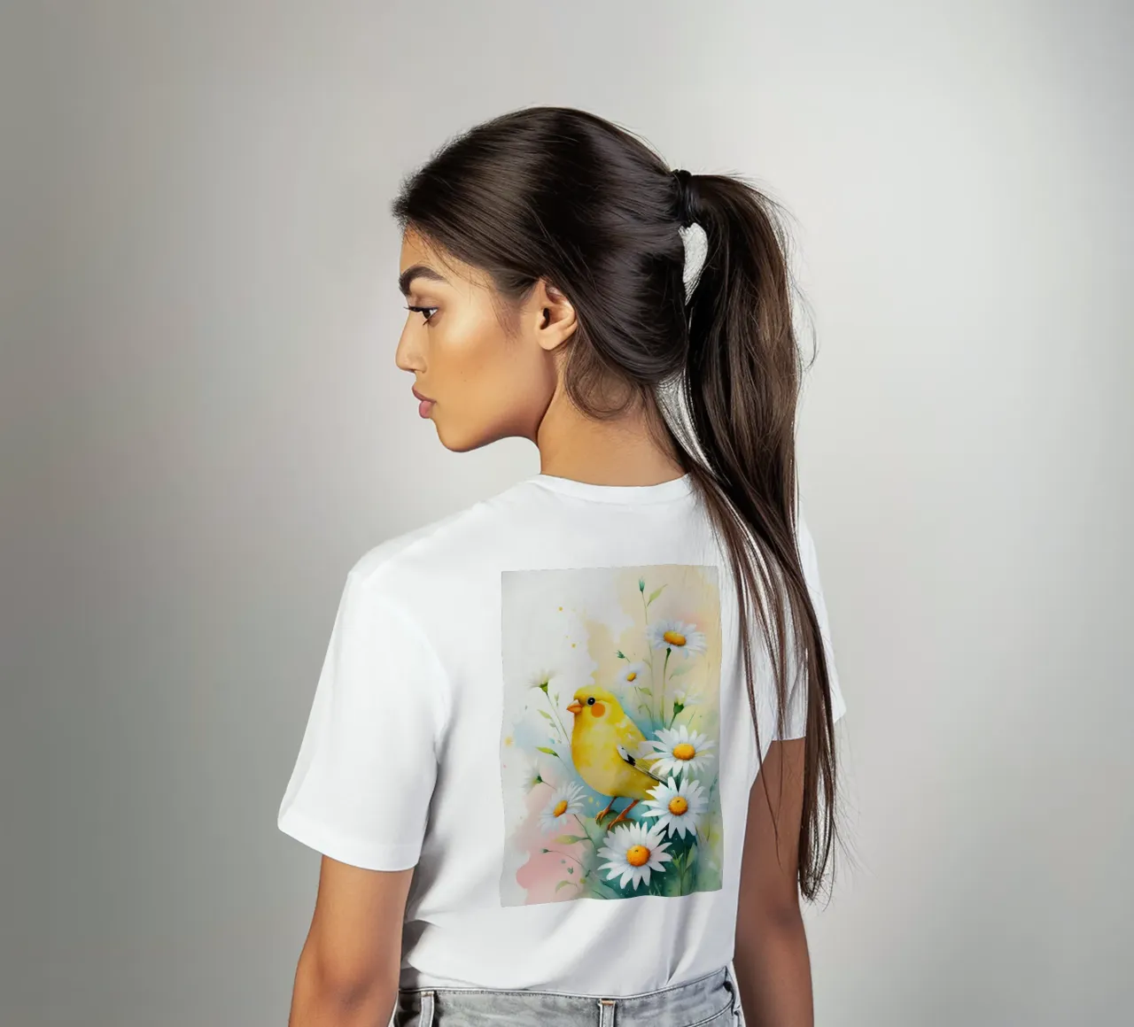 Pittura digitale di canarini gialli e margherite bianche t-shirt da Bloom And Brush