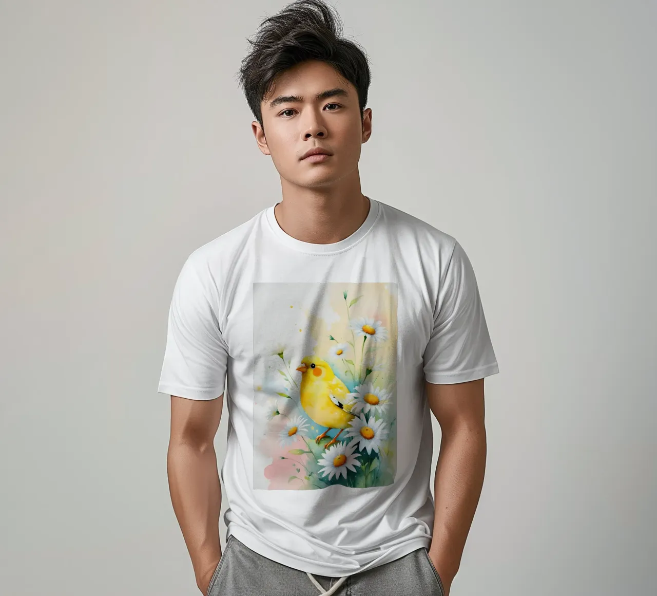 Pittura digitale di canarini gialli e margherite bianche t-shirt da Bloom And Brush