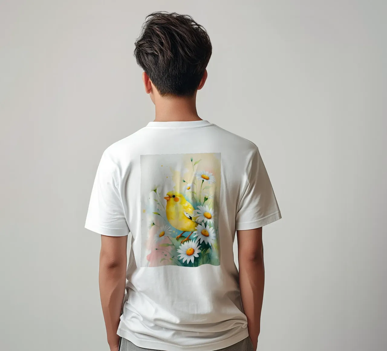 Pittura digitale di canarini gialli e margherite bianche t-shirt da Bloom And Brush