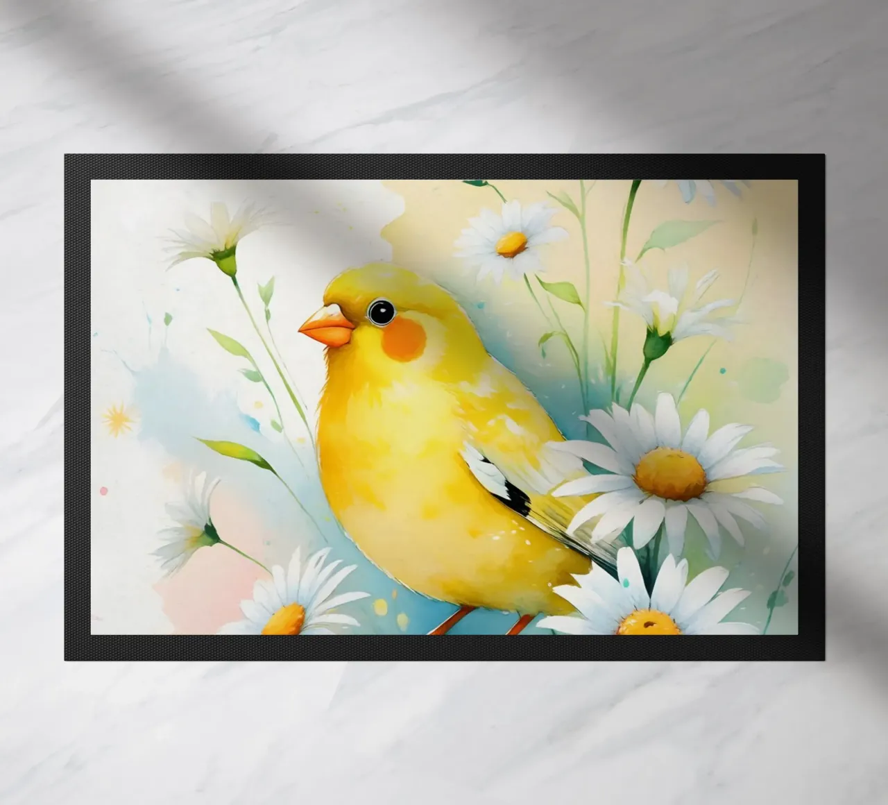Pittura digitale di canarini gialli e margherite bianche zerbino da Bloom And Brush