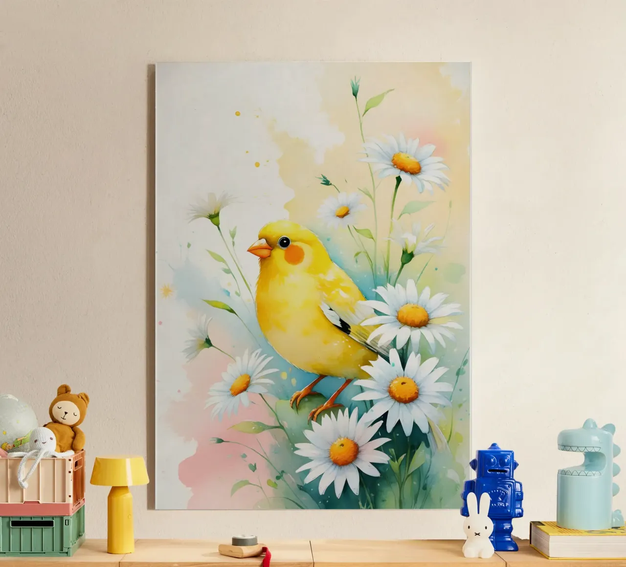 Pittura digitale di canarini gialli e margherite bianche plexiglass da Bloom And Brush