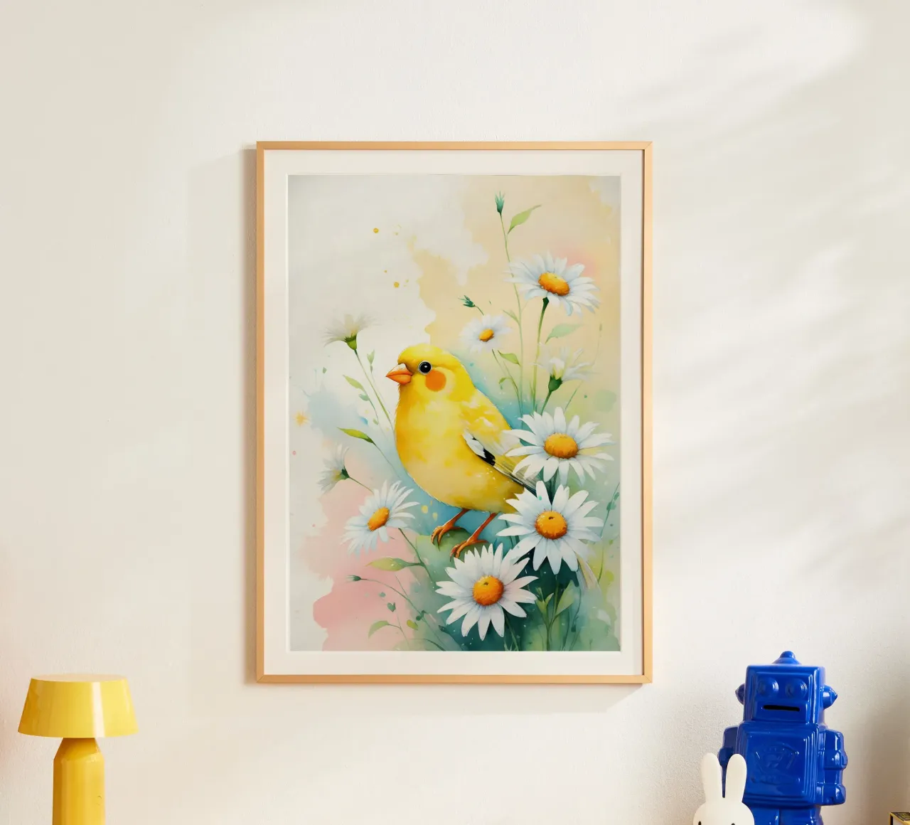 Pittura digitale di canarini gialli e margherite bianche carta hahnemühle da Bloom And Brush