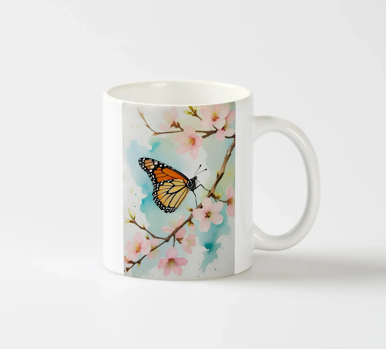 Pittura digitale di farfalla monarca e fiori di ciliegio tazza in ceramica da Bloom And Brush
