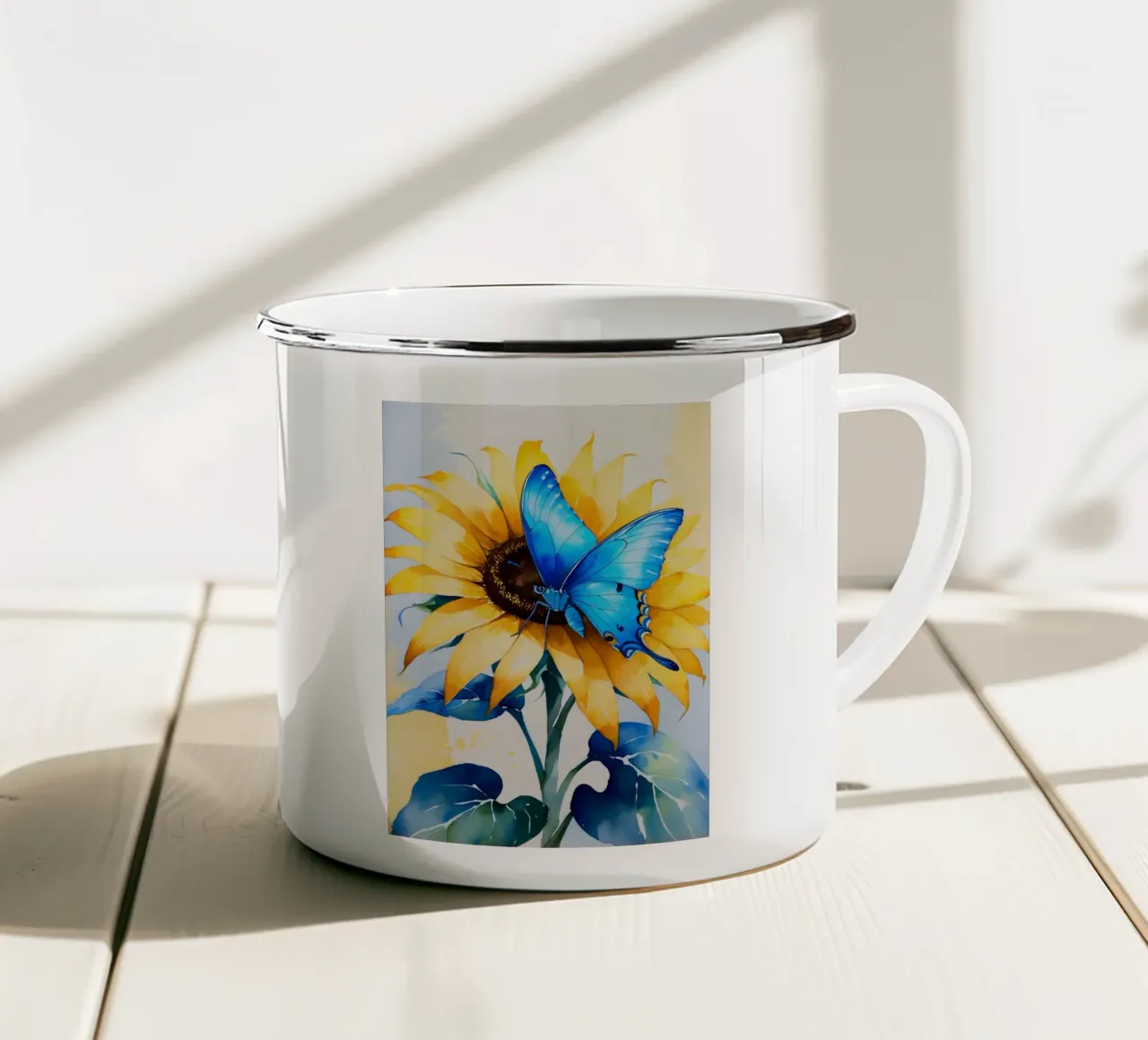 Pittura digitale di farfalla e girasole tazza in smalto da Bloom And Brush