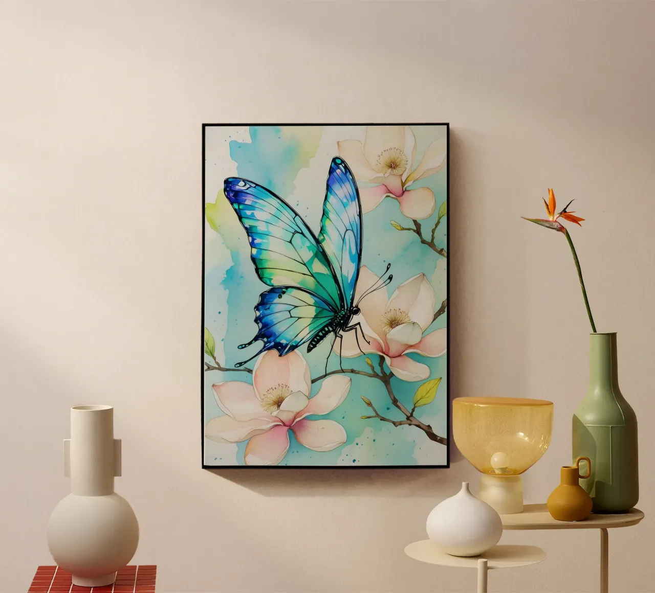 Pittura digitale di farfalla blu e fiori di magnolia plexiglass da Bloom And Brush