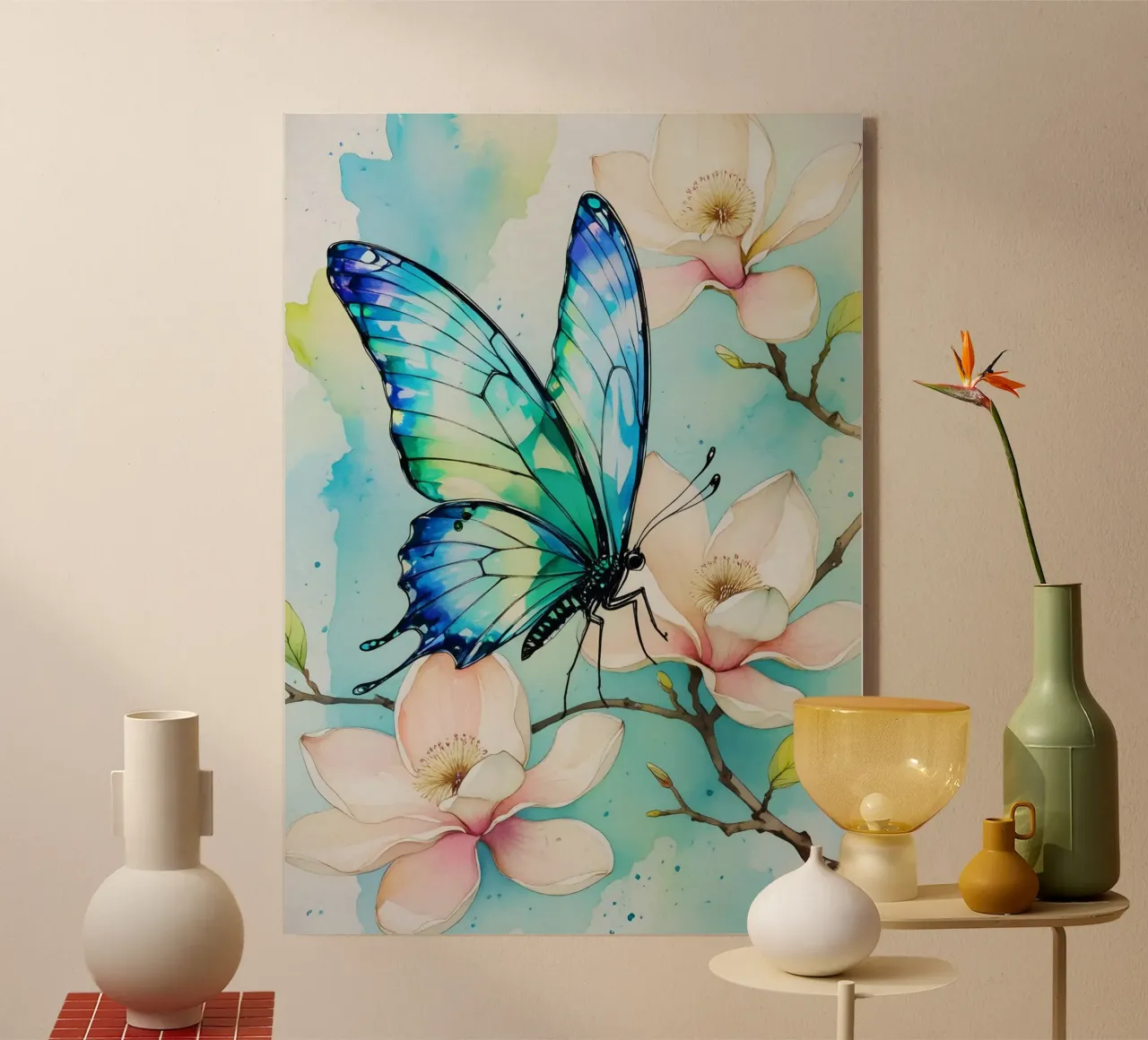 Pittura digitale di farfalla blu e fiori di magnolia plexiglass da Bloom And Brush