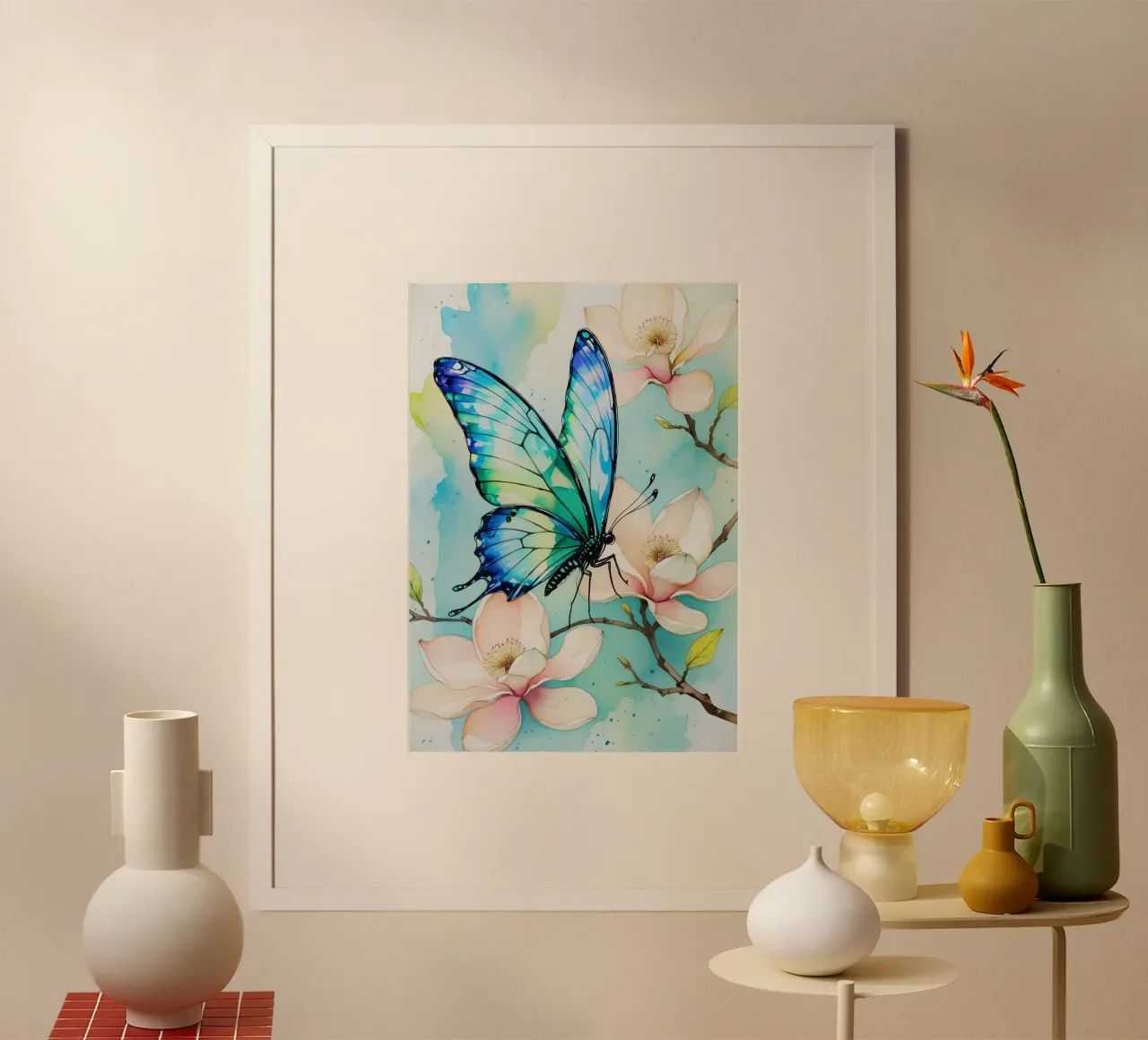 Pittura digitale di farfalla blu e fiori di magnolia carta hahnemühle da Bloom And Brush