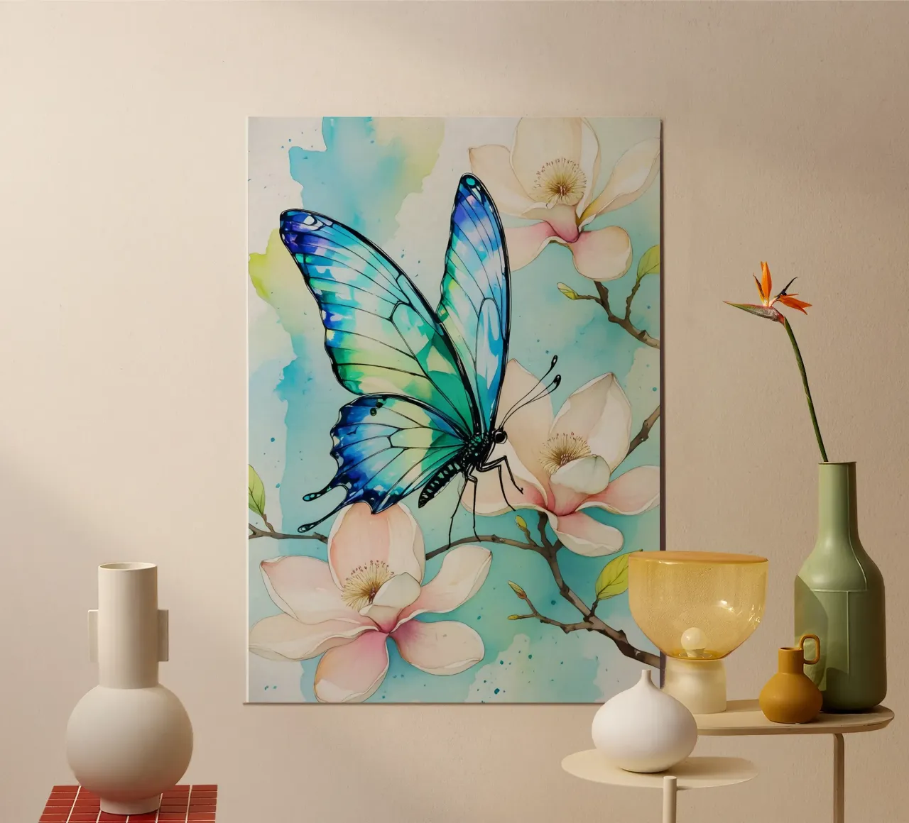 Pittura digitale di farfalla blu e fiori di magnolia carta hahnemühle da Bloom And Brush