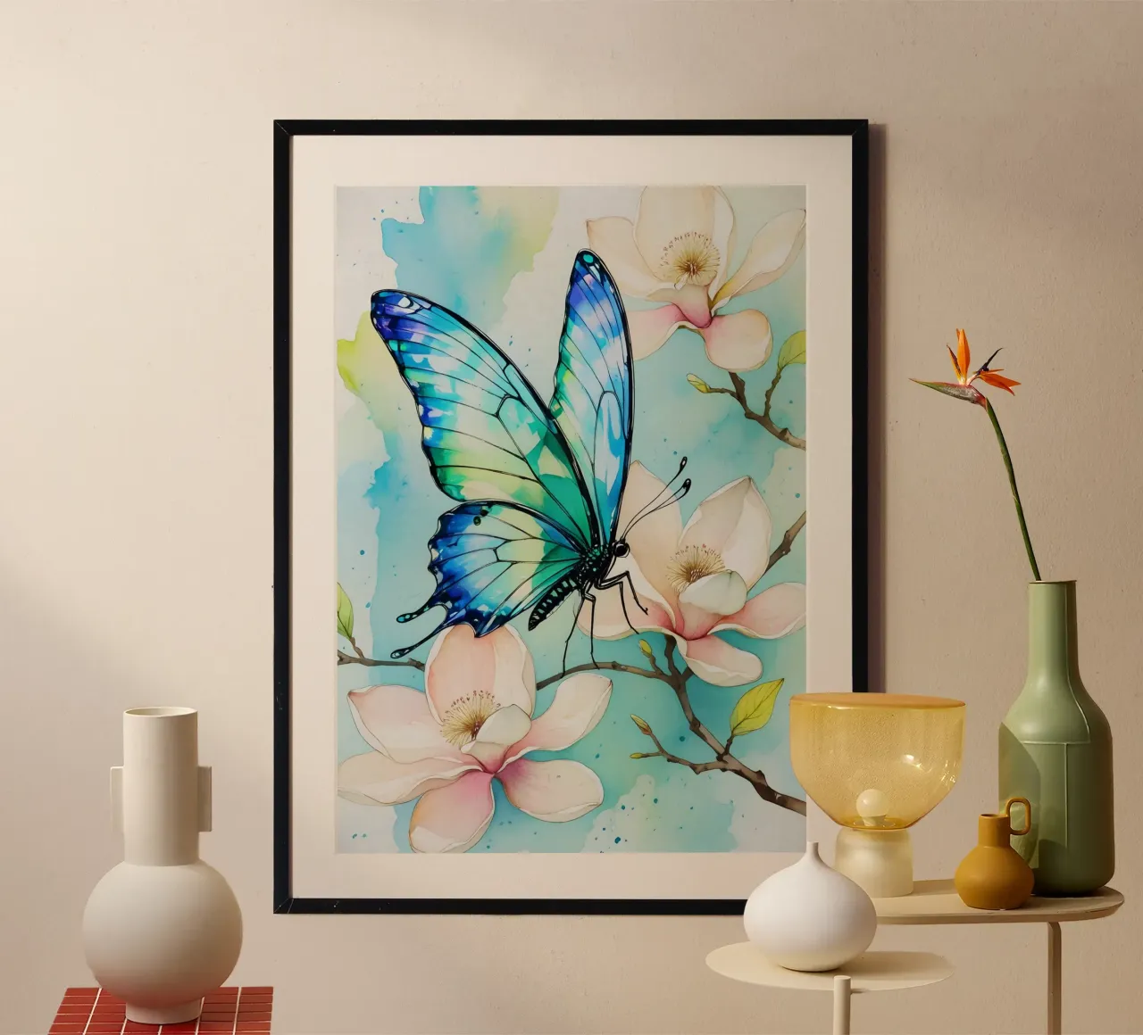 Pittura digitale di farfalla blu e fiori di magnolia carta hahnemühle da Bloom And Brush