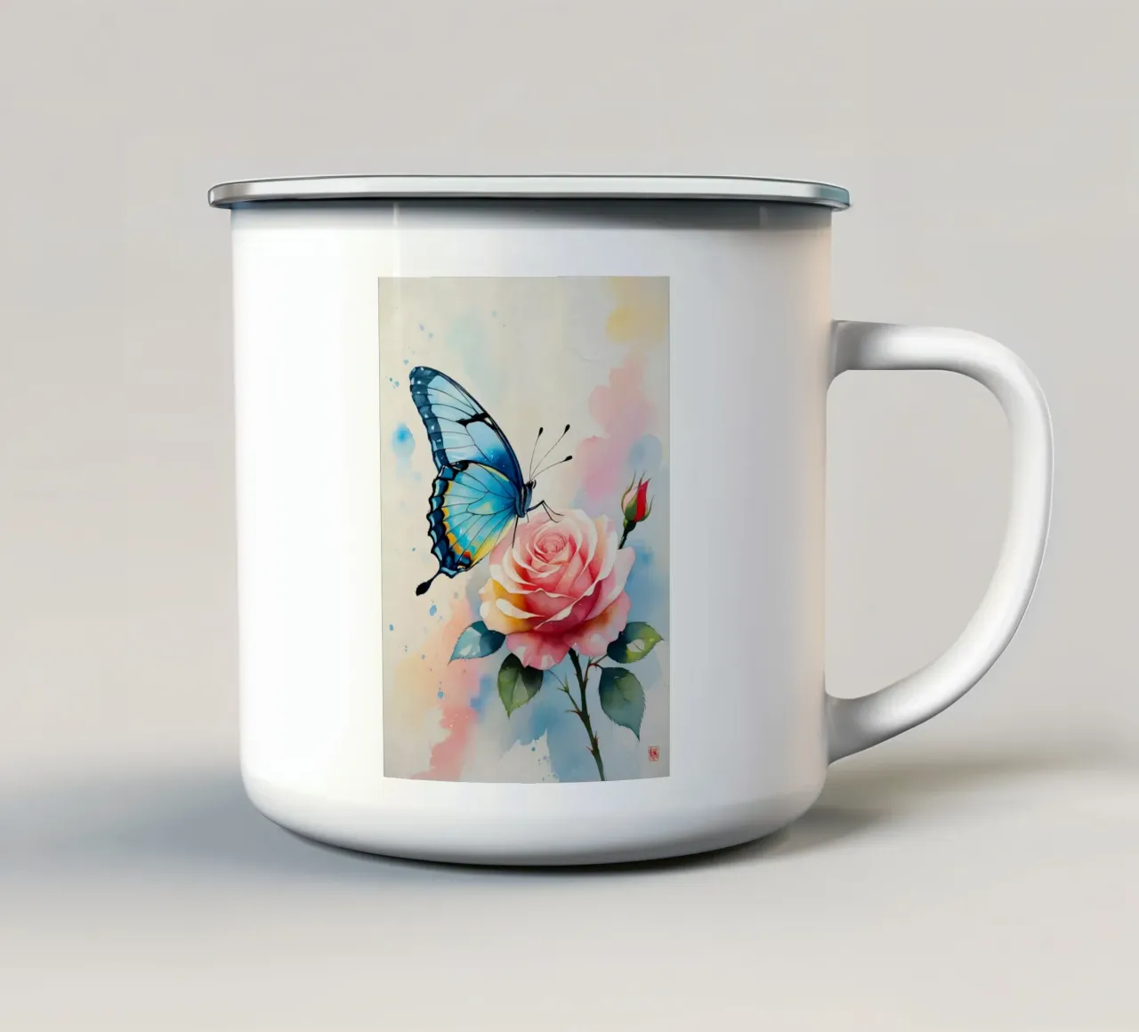 Pittura digitale di farfalla blu e rosa rosa tazza in smalto da Bloom And Brush