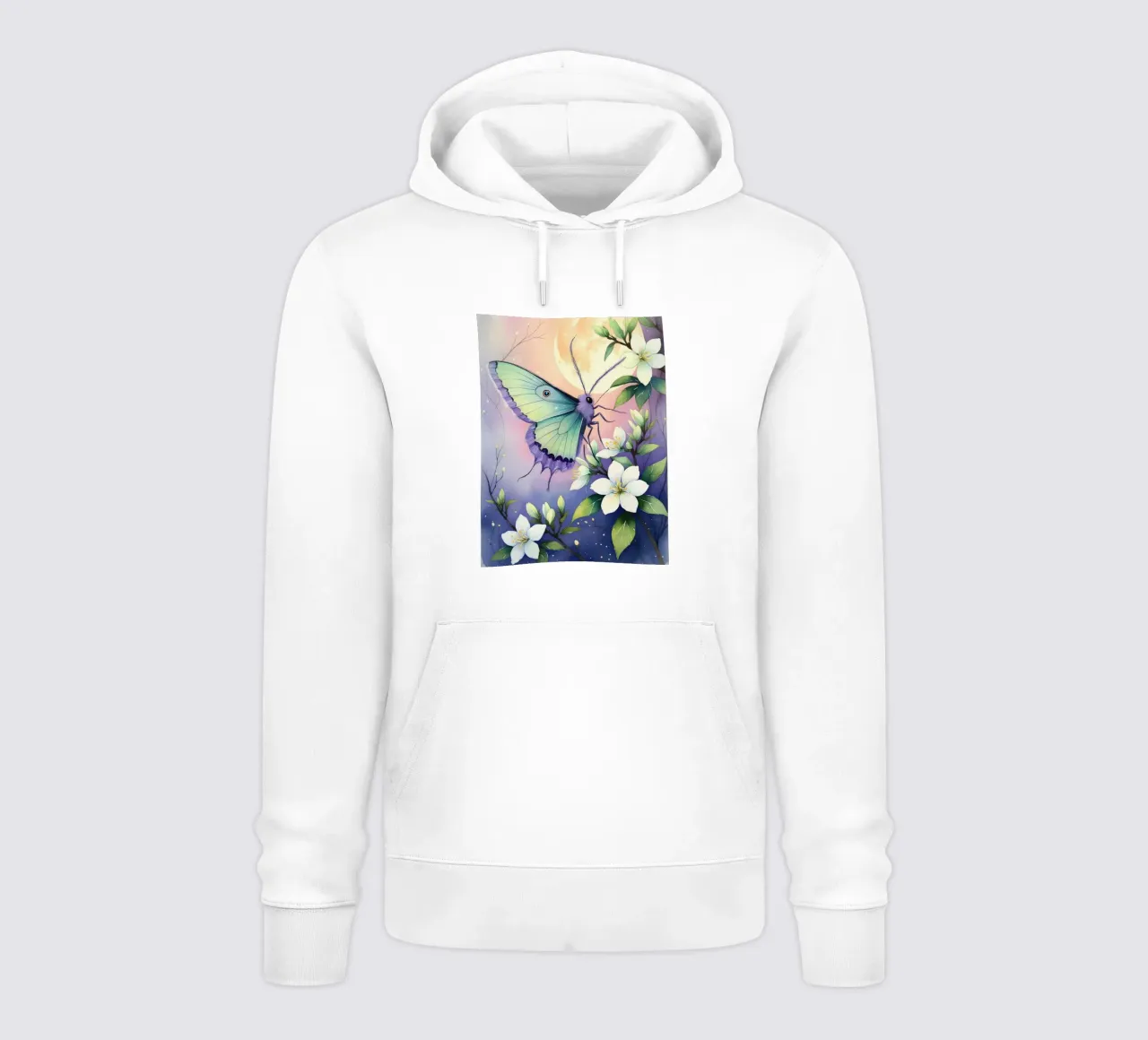 Pittura digitale di farfalla e fiori di gelsomino bianchi felpa con cappuccio da Bloom And Brush