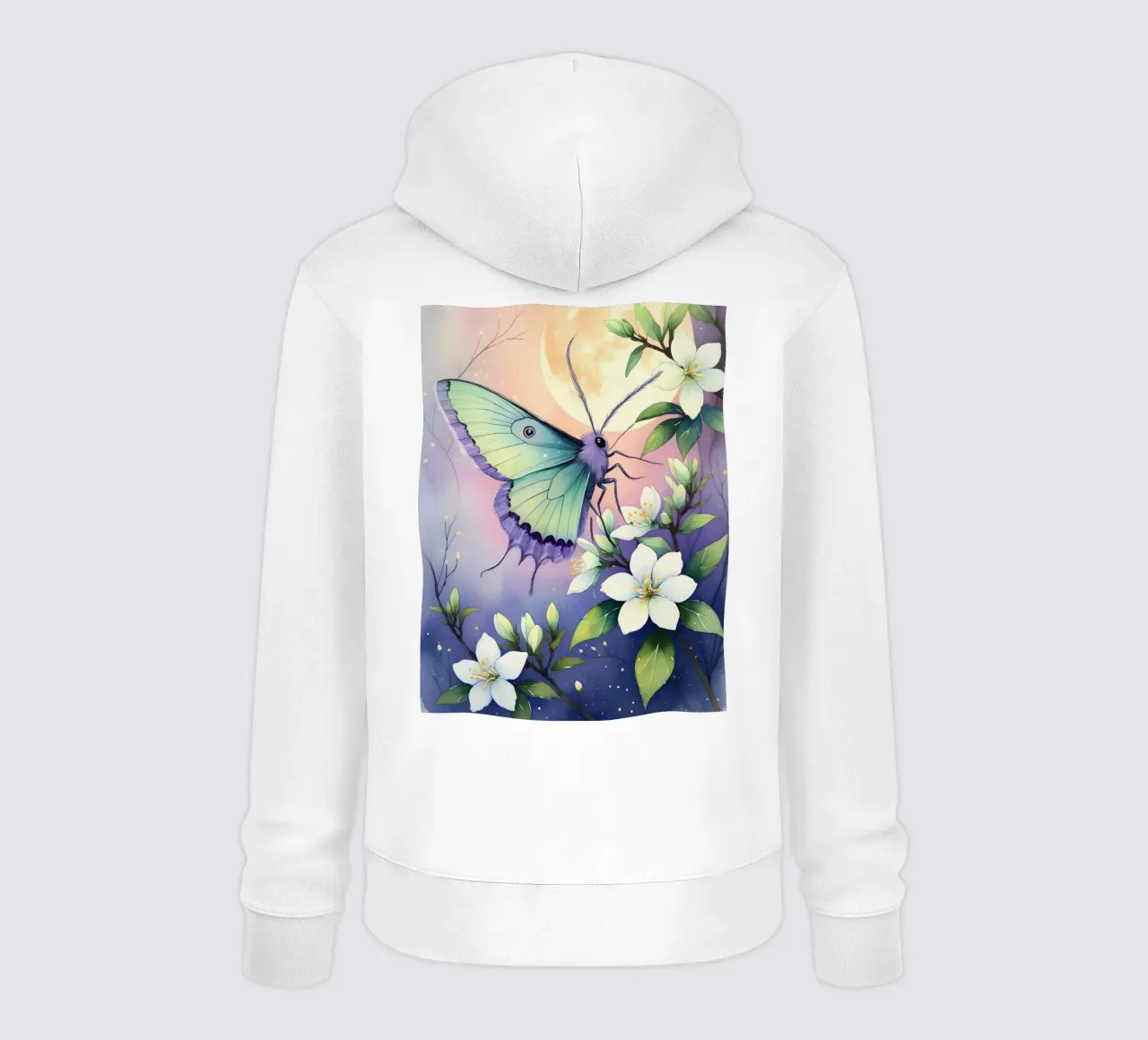 Pittura digitale di farfalla e fiori di gelsomino bianchi felpa con cappuccio da Bloom And Brush