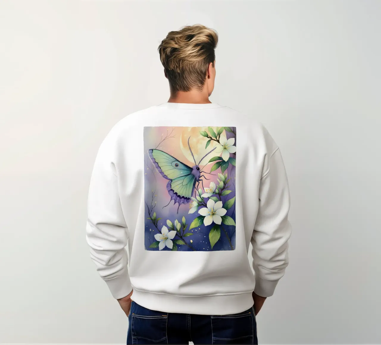 Pittura digitale di farfalla e fiori di gelsomino bianchi felpa da Bloom And Brush