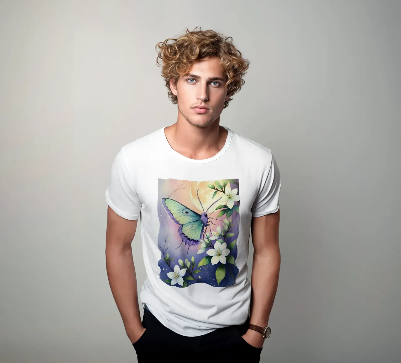 Pittura digitale di farfalla e fiori di gelsomino bianchi t-shirt da Bloom And Brush