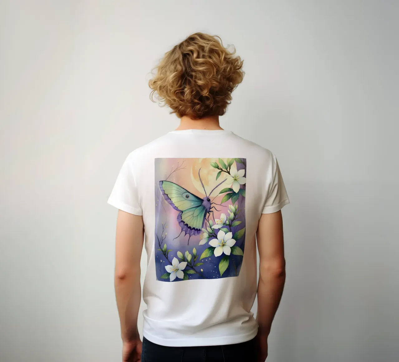 Pittura digitale di farfalla e fiori di gelsomino bianchi t-shirt da Bloom And Brush
