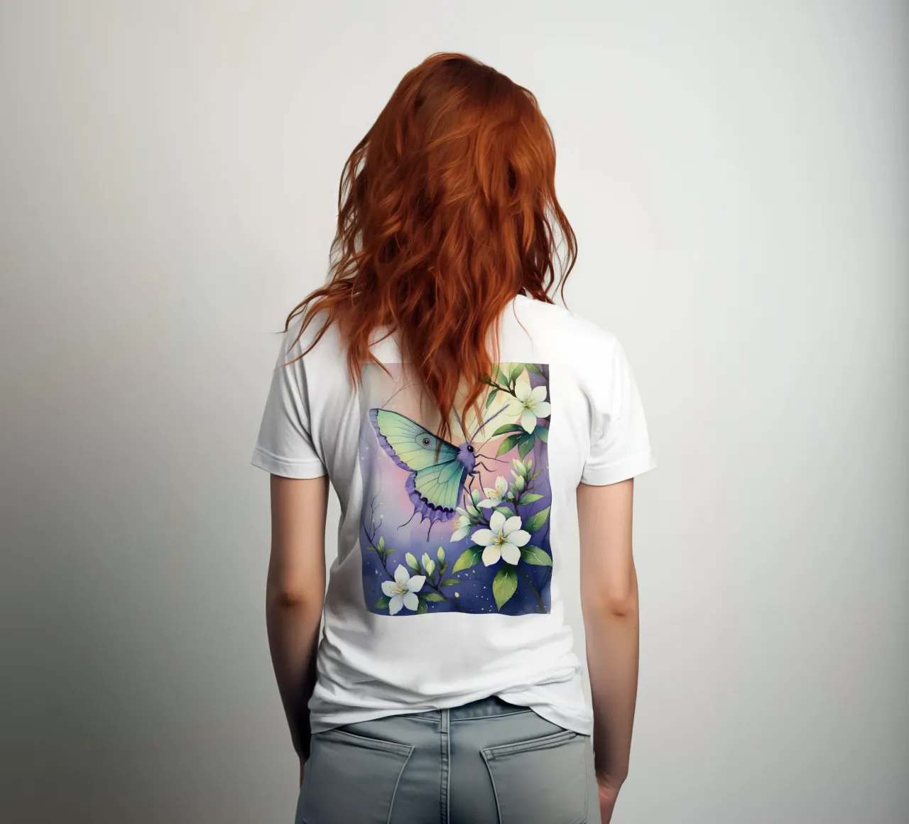 Pittura digitale di farfalla e fiori di gelsomino bianchi t-shirt da Bloom And Brush