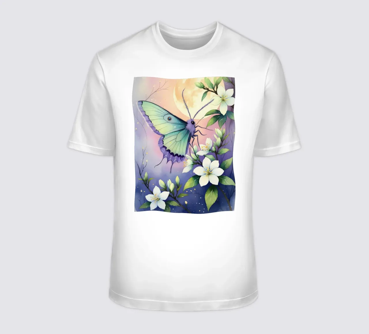 Pittura digitale di farfalla e fiori di gelsomino bianchi t-shirt da Bloom And Brush
