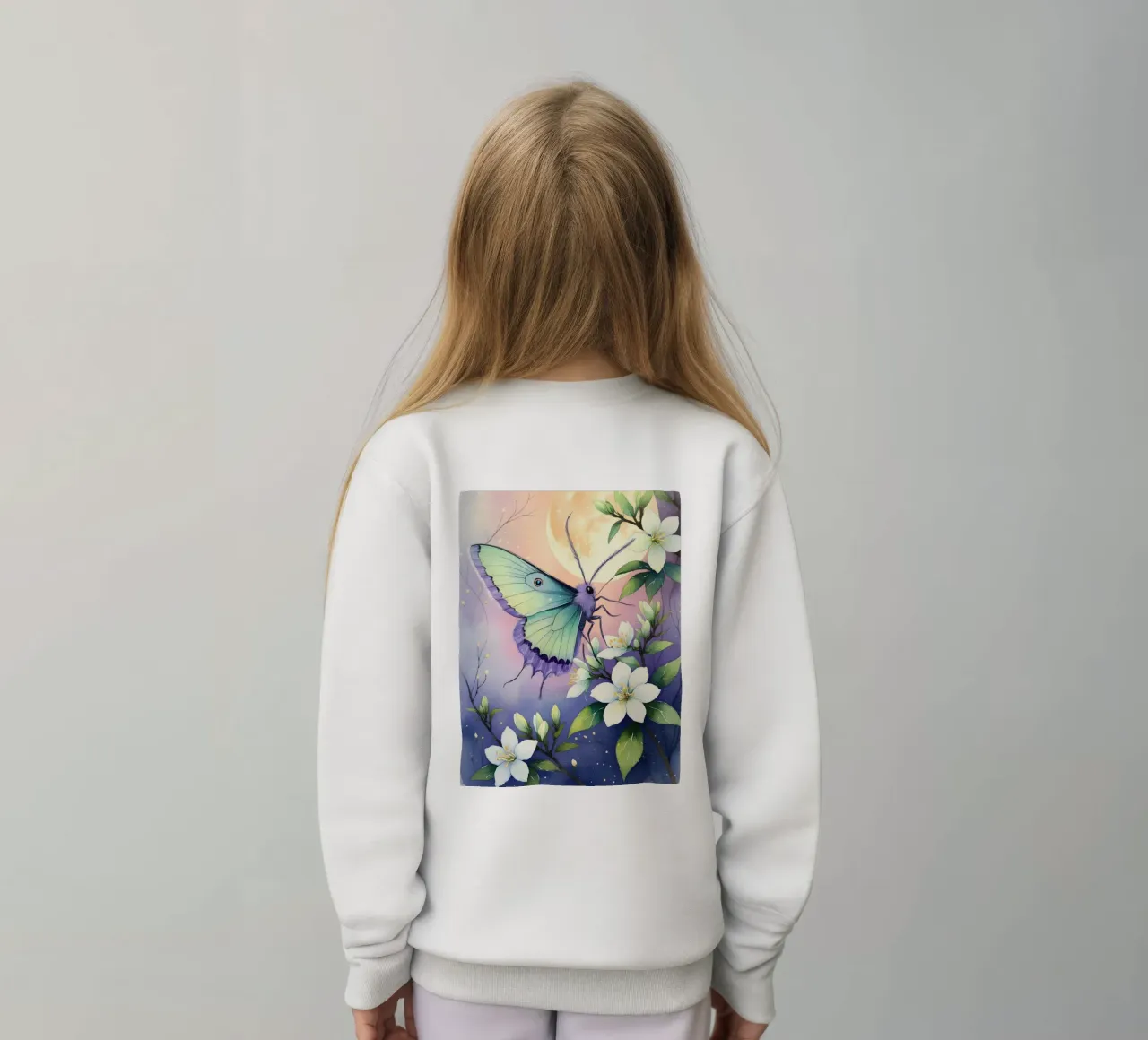 Pittura digitale di farfalla e fiori di gelsomino bianchi felpa bambino da Bloom And Brush
