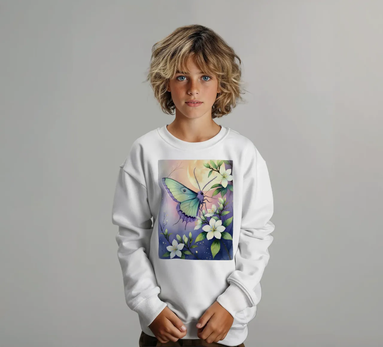 Pittura digitale di farfalla e fiori di gelsomino bianchi felpa bambino da Bloom And Brush