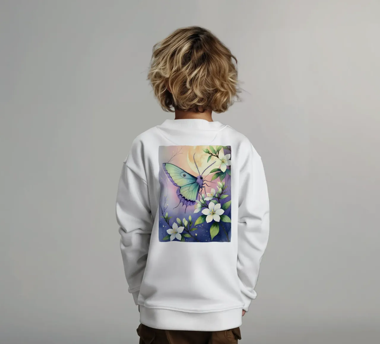 Pittura digitale di farfalla e fiori di gelsomino bianchi felpa bambino da Bloom And Brush