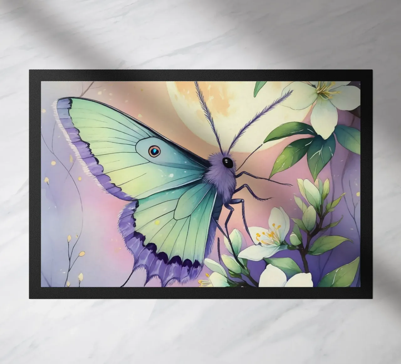 Pittura digitale di farfalla e fiori di gelsomino bianchi zerbino da Bloom And Brush