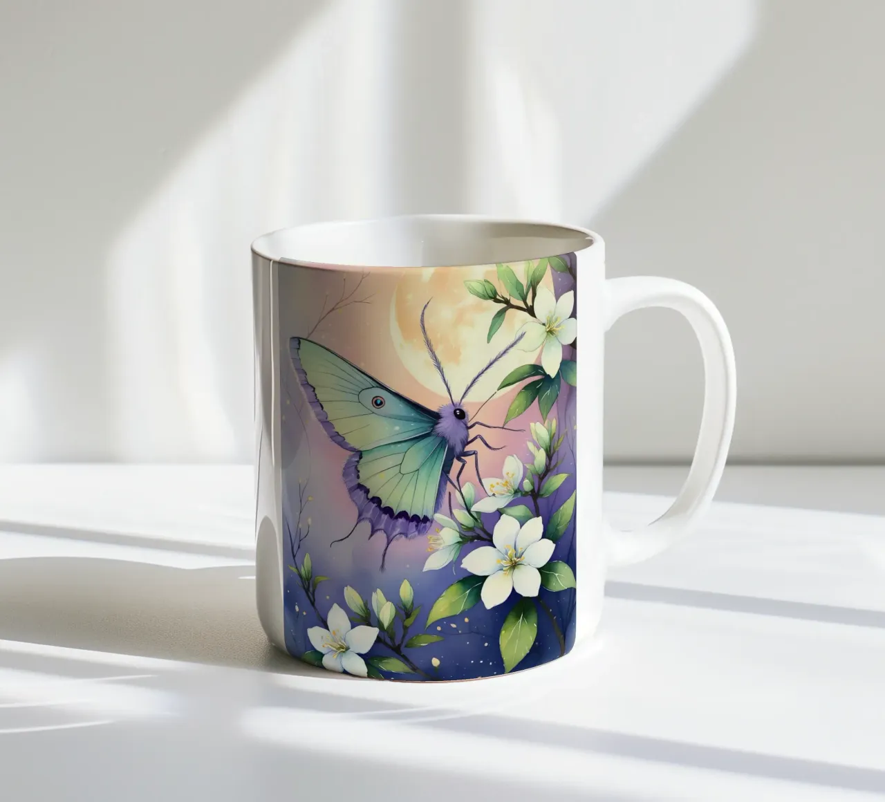 Pittura digitale di farfalla e fiori di gelsomino bianchi tazza in ceramica da Bloom And Brush