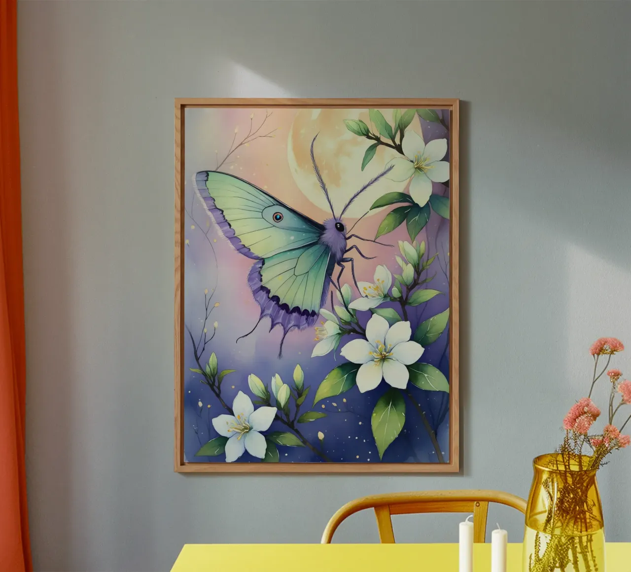 Pittura digitale di farfalla e fiori di gelsomino bianchi alluminio dibond da Bloom And Brush