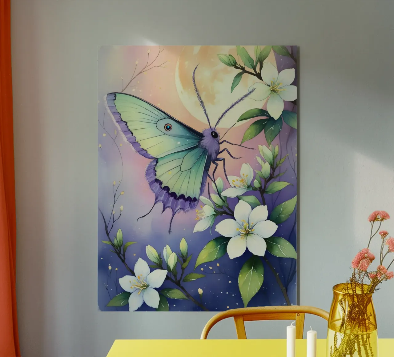 Pittura digitale di farfalla e fiori di gelsomino bianchi alluminio dibond da Bloom And Brush
