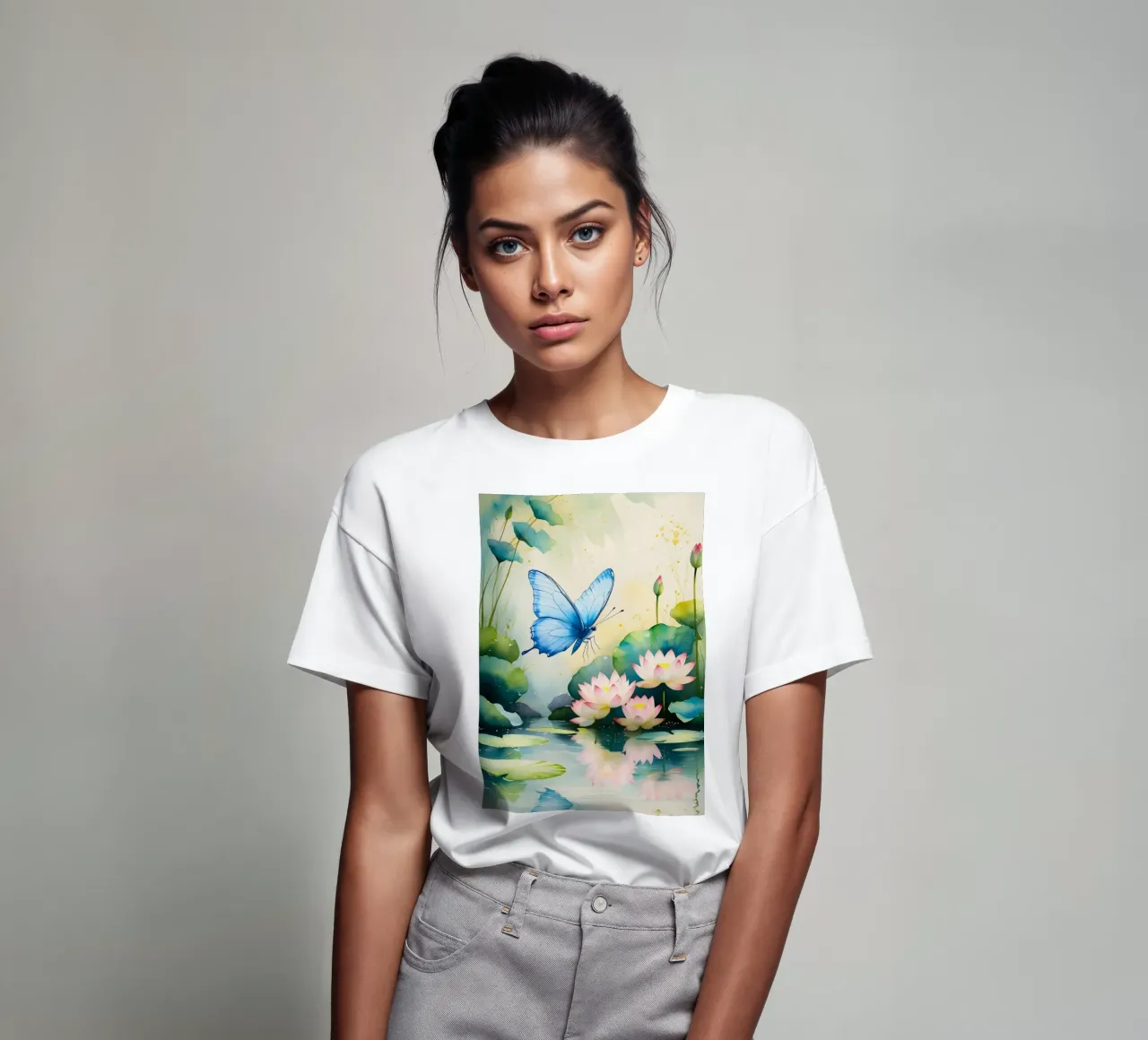 Pittura digitale di farfalla e ninfee rosa t-shirt da Bloom And Brush