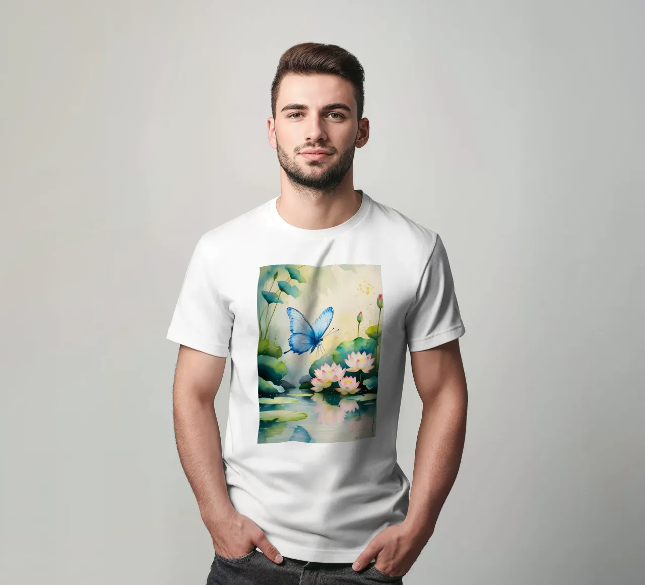 Pittura digitale di farfalla e ninfee rosa t-shirt da Bloom And Brush