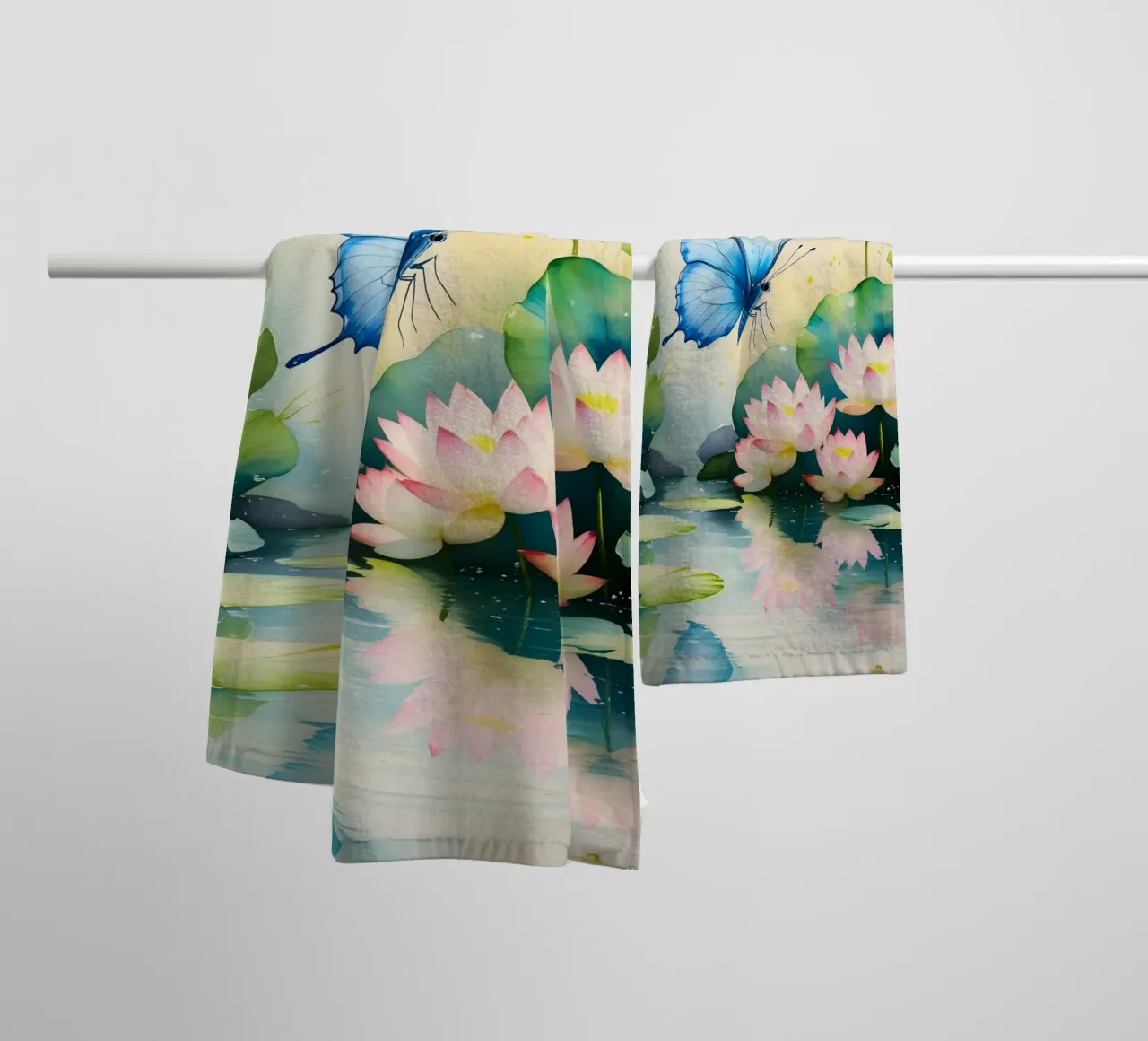 Pittura digitale di farfalla e ninfee rosa asciugamano da bagno da Bloom And Brush