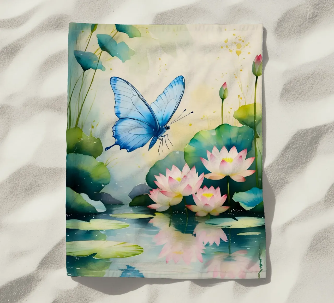 Pittura digitale di farfalla e ninfee rosa telo mare da Bloom And Brush
