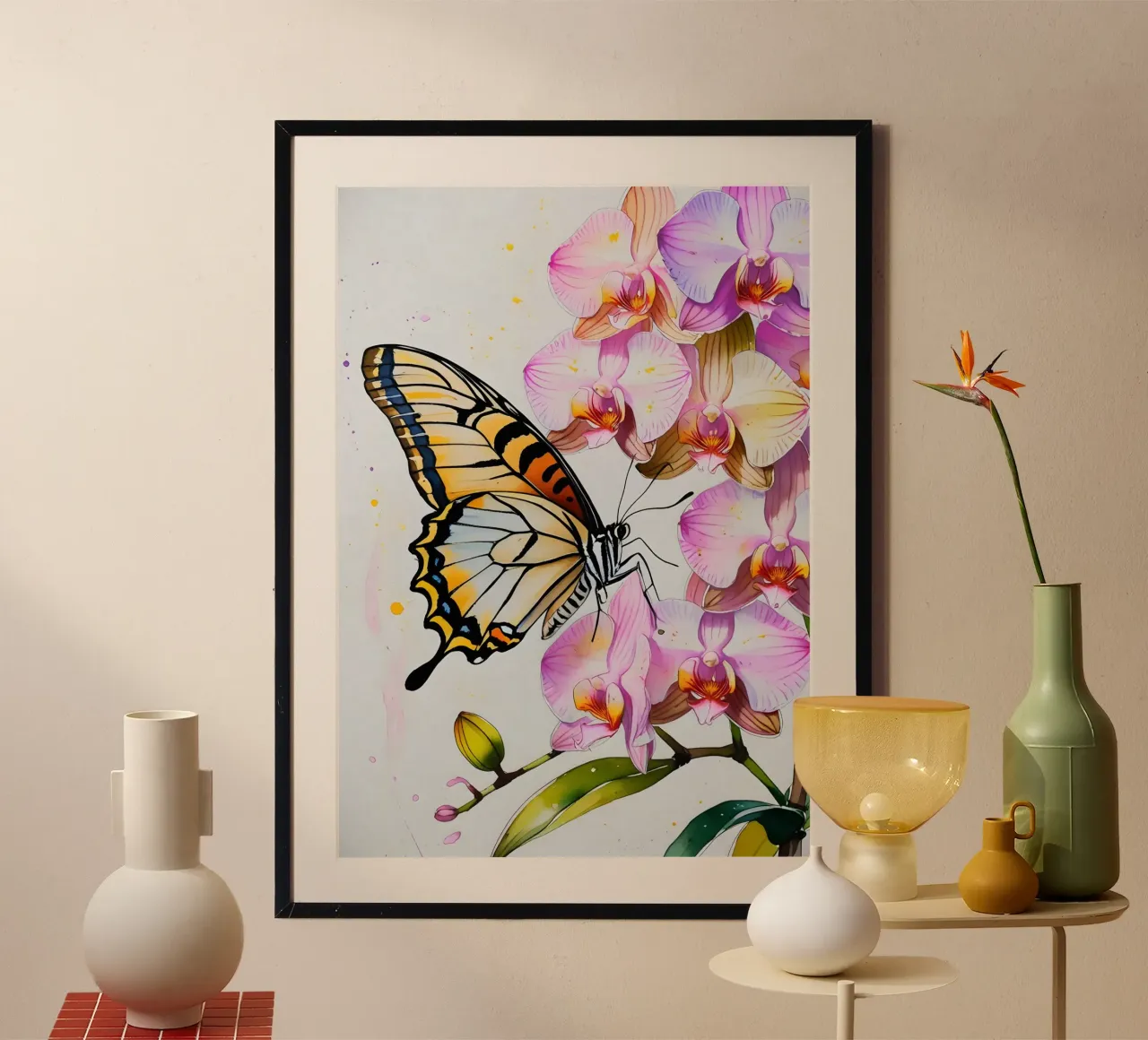 Pittura digitale di farfalla e fiori di orchidea poster da Bloom And Brush