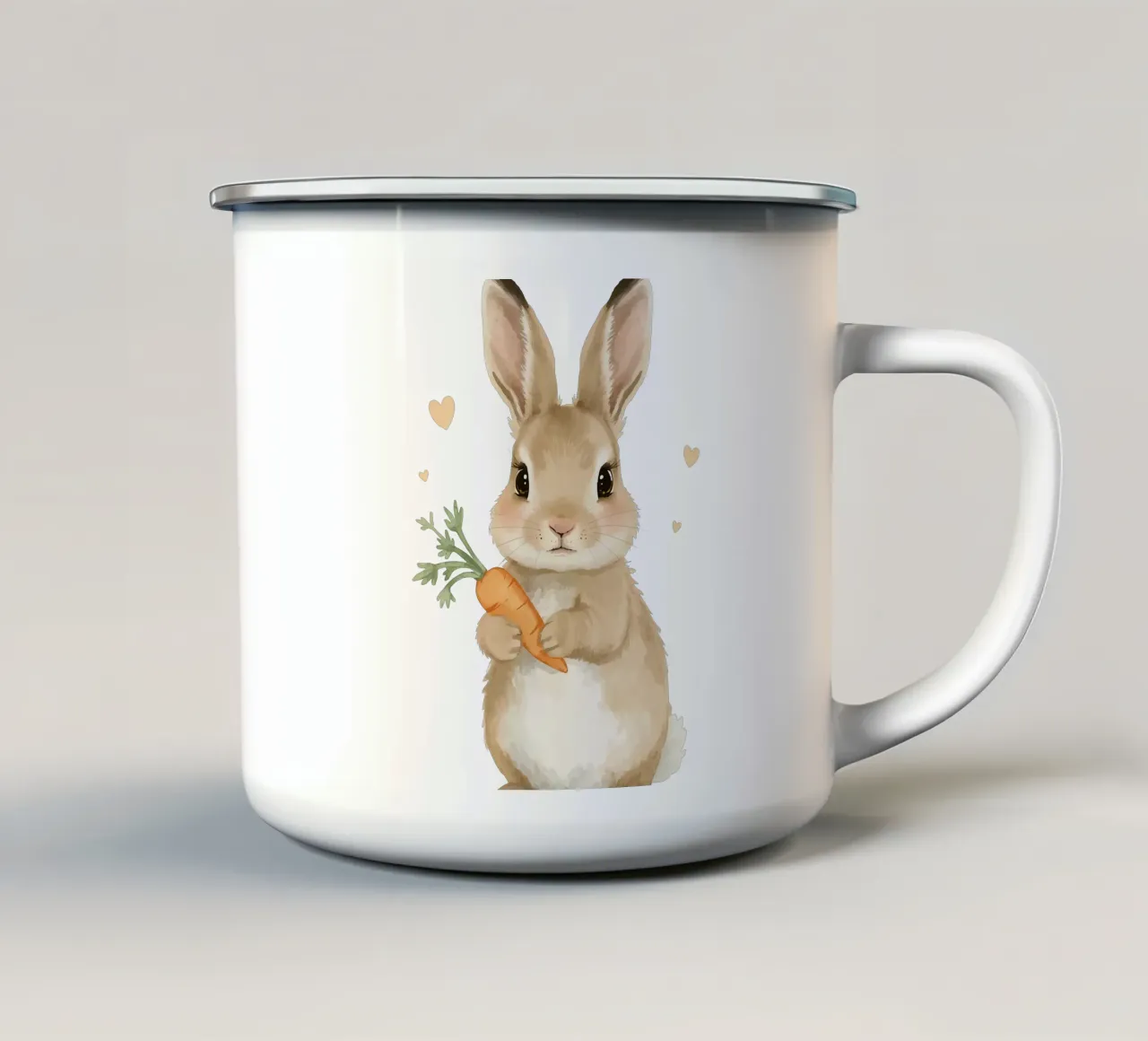 Coniglio carino con in mano una carota tazza in smalto da DesignDoodle