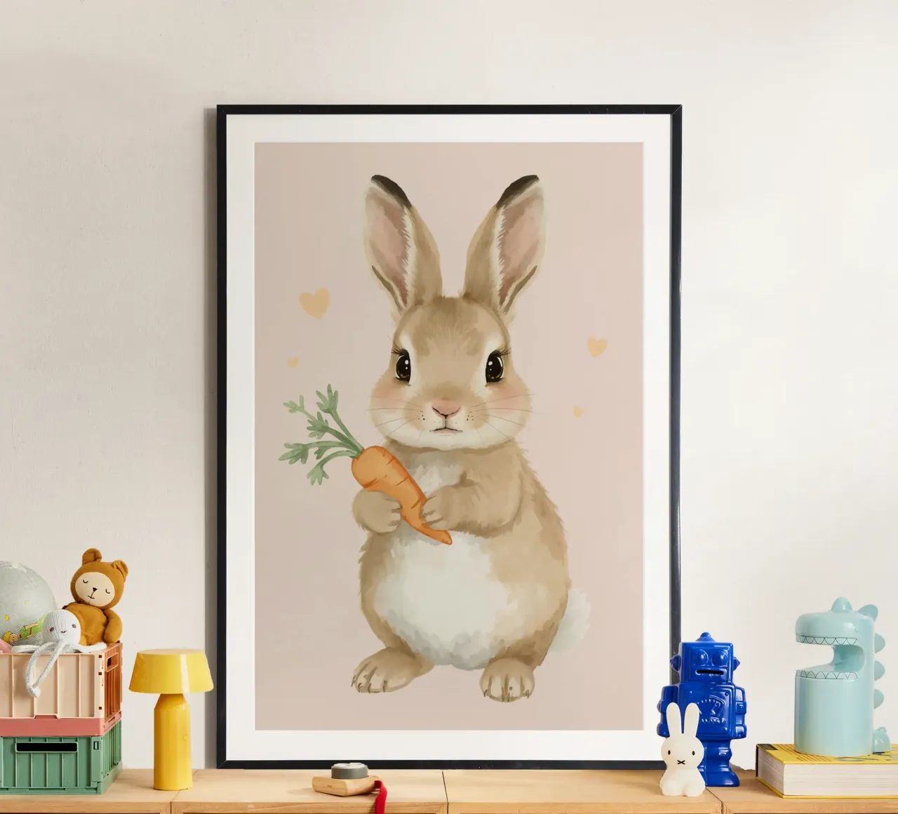 Coniglio carino con in mano una carota carta hahnemühle da DesignDoodle